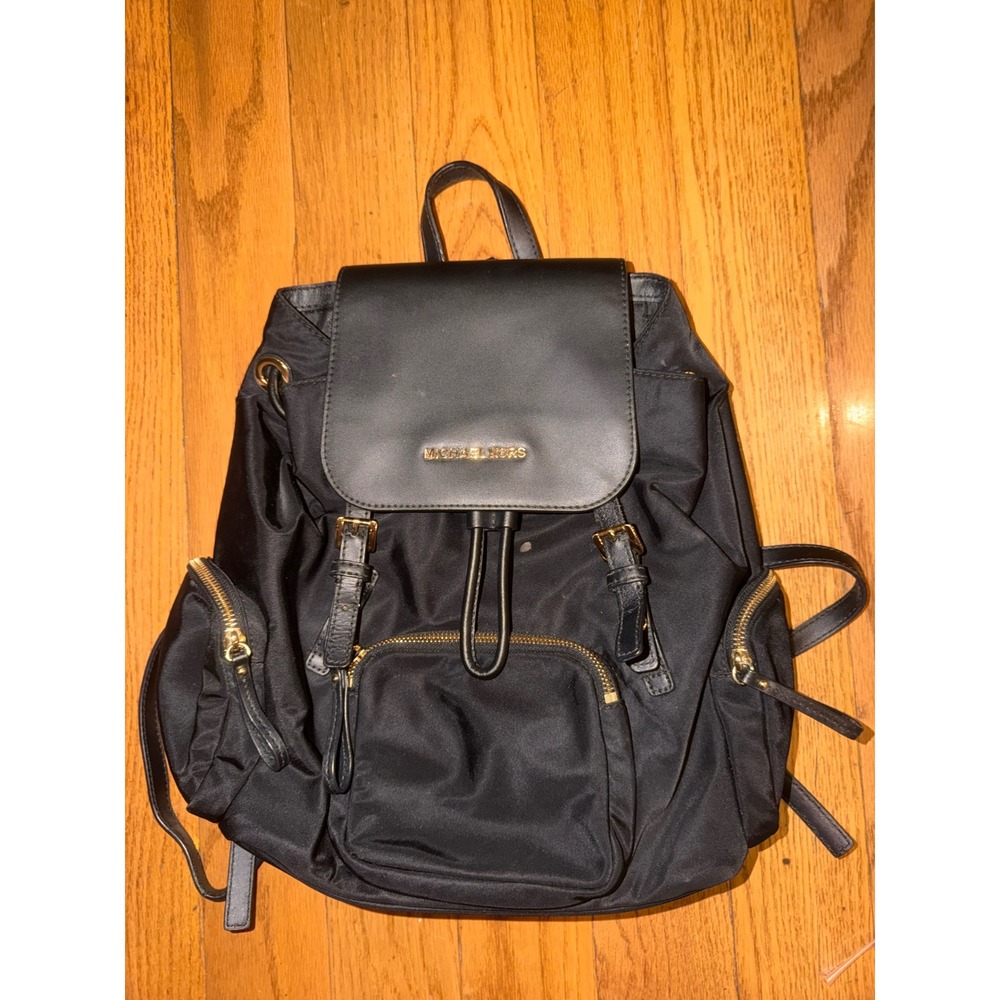 Michael Kors Abbey Medium Cargo Backpack Black Nylon Leather Gold Hardware